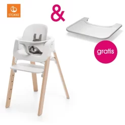 STOKKE® Steps™ Hochstuhl Weiß Buche Natur Inkl. Baby Set Weiß + Gratis Tray Weiß