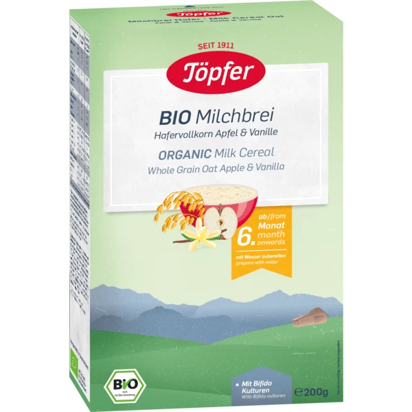 Töpfer Bio-Milchbrei Hafervollkorn Apfel & Vanille 200 G Ab Dem 6. Monat